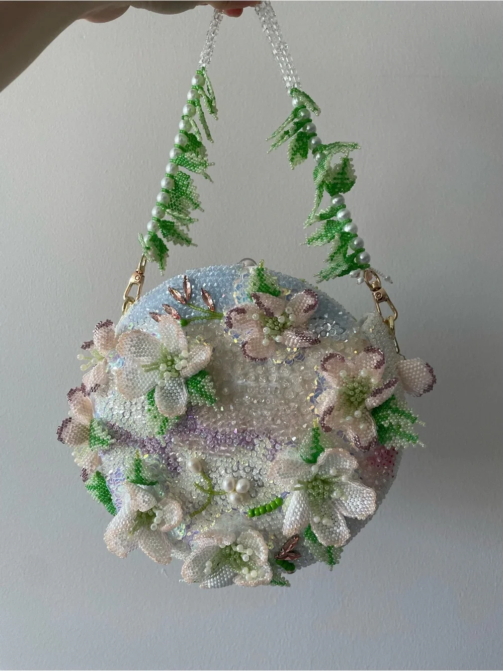 Handcrafted White & Green Floral Beaded Evening Clutch